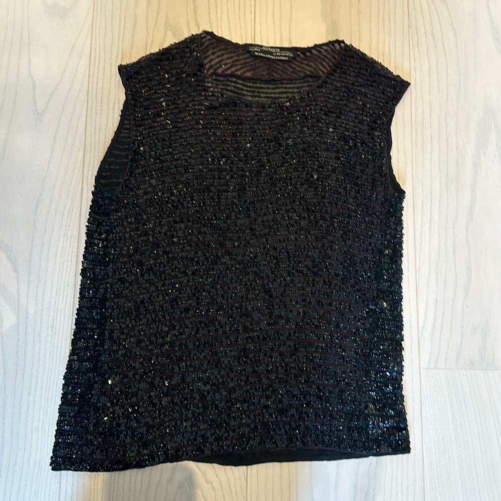 Sequenced and chiffon AllSaints top. Slight cap sleeve, fits loose.